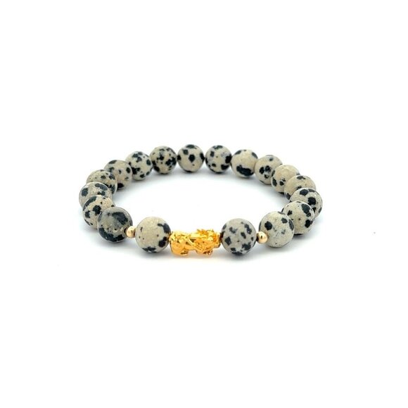 Unbranded Jewelry - 18K Gold Dragon Pixiu Piyao Lucky Bracelet Beads Gemstone Dalmatian Jasper 8mm